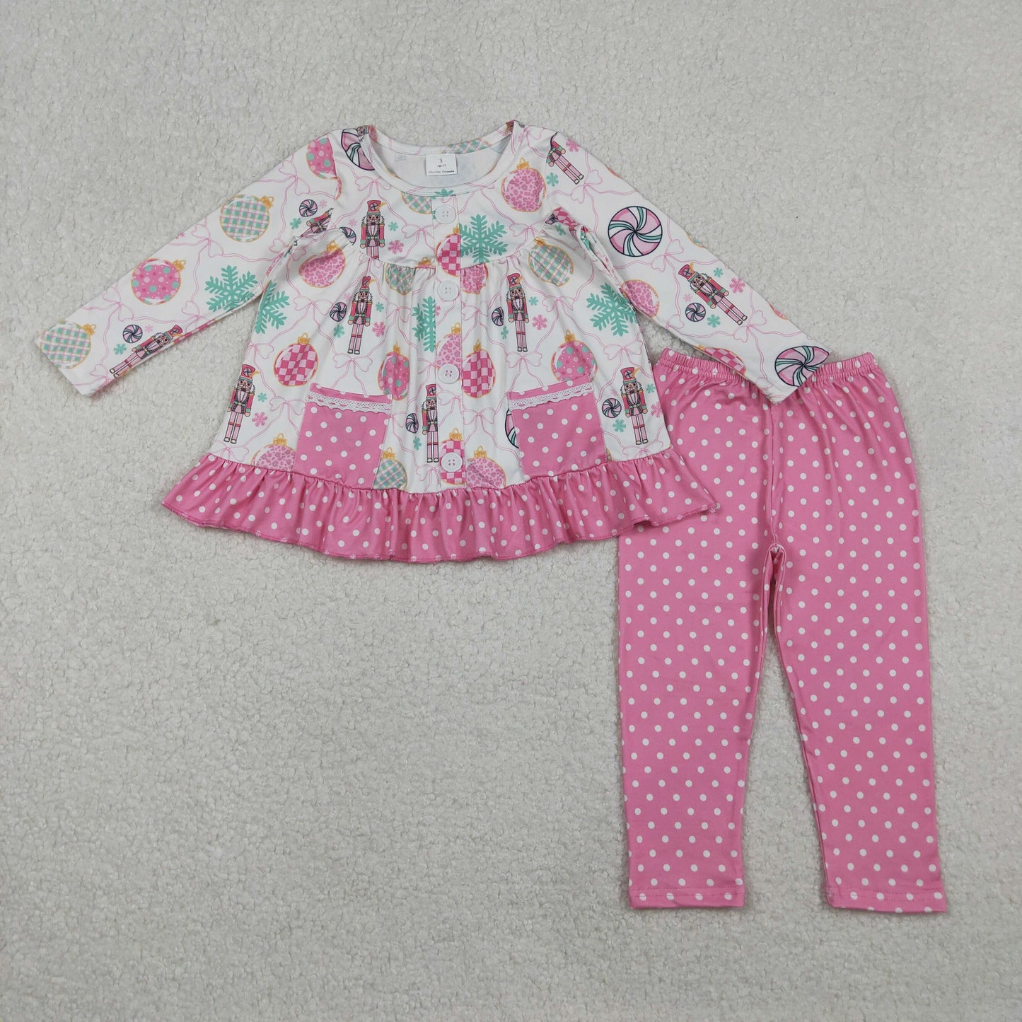 RTS NO MOQ(In Stock) GLP2932 Nutcracker Lollipop Bow Lace Pocket Polka Dot Rose Red Lace Long-Sleeved Pants Set