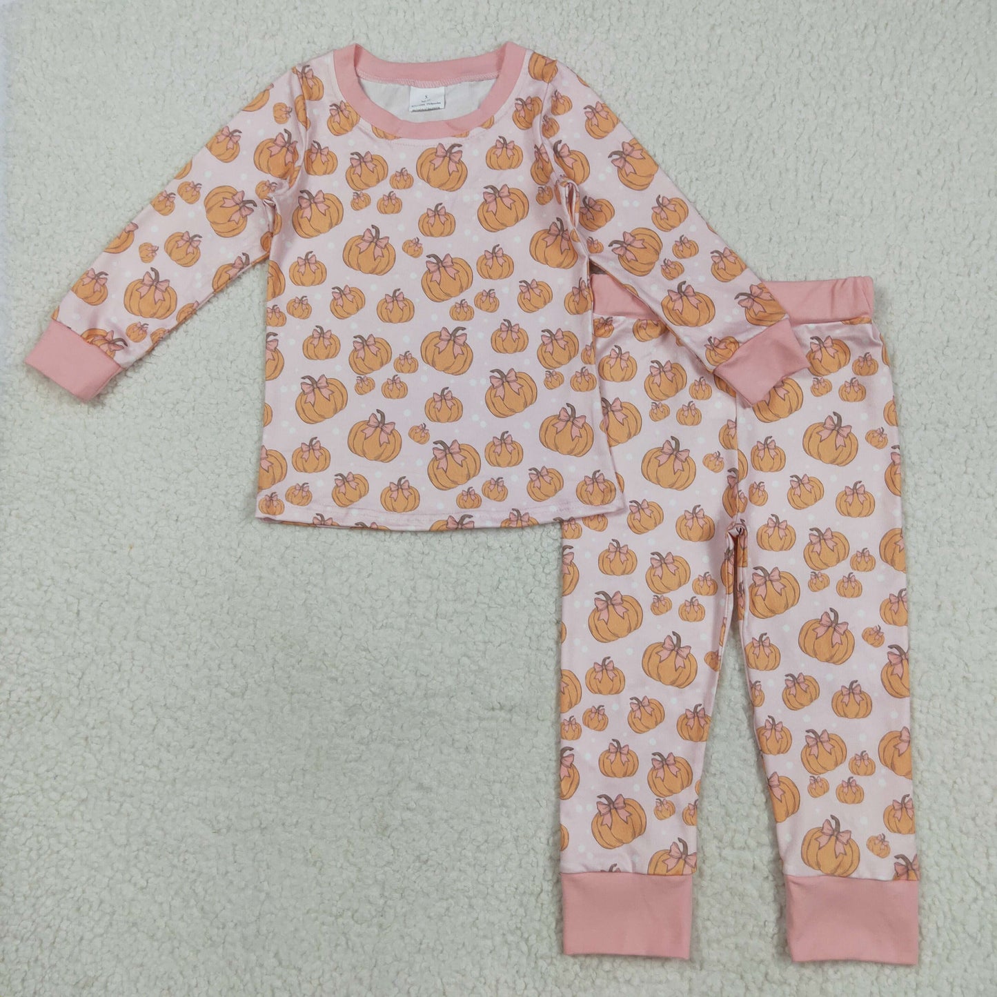 RTS NO MOQ(In Stock) GLP2416 Light Pink Long-Sleeved Pants Pajama Set with Bow Pumpkin Pattern