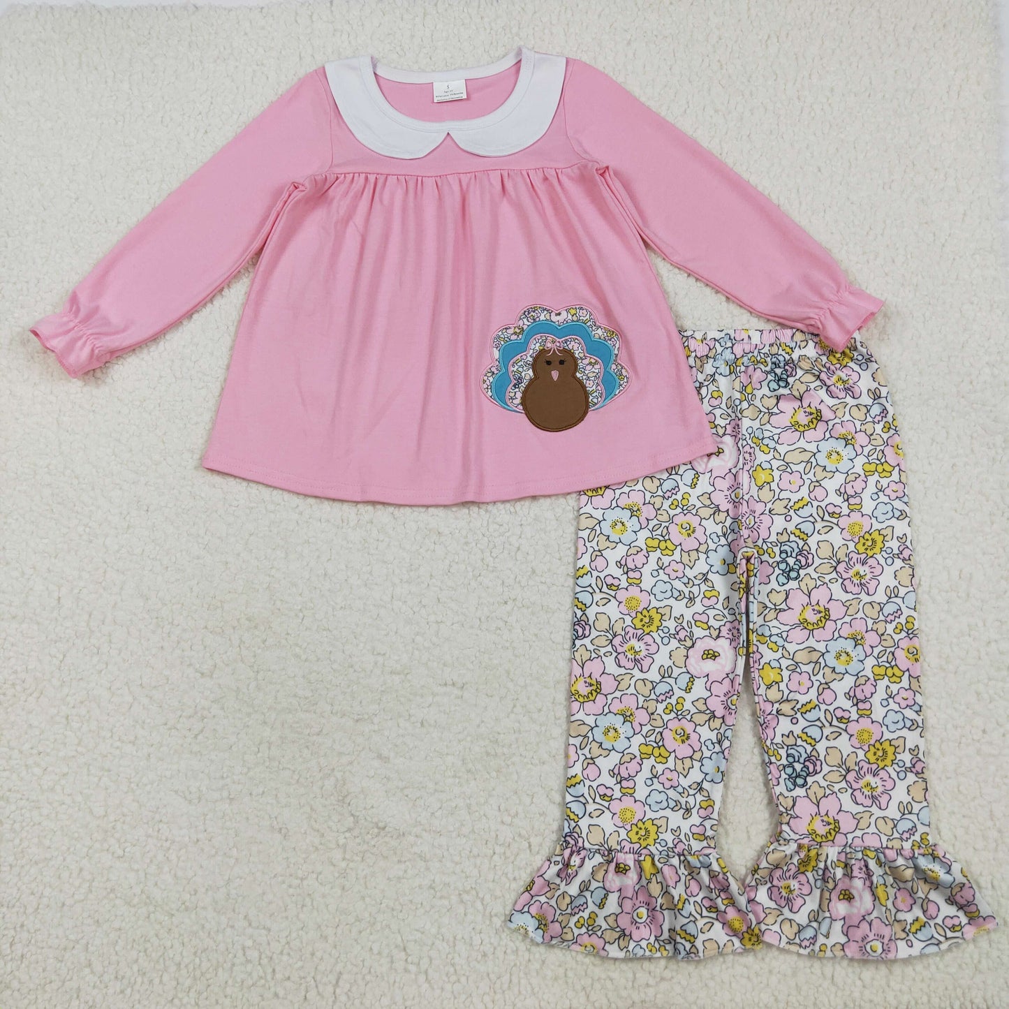 RTS NO MOQ(In Stock ) GLP2409 Embroidered turkey collar pink long sleeve flower pants set
