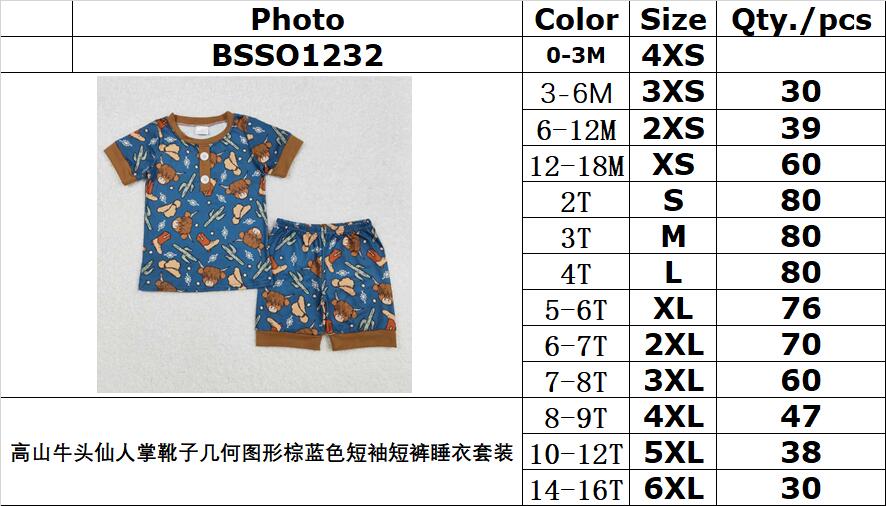 RTS NO MOQ ETA 5/7days Arrived BSSO1232 Alpine bull head cactus boots geometric pattern brown and blue short sleeve shorts pajama set