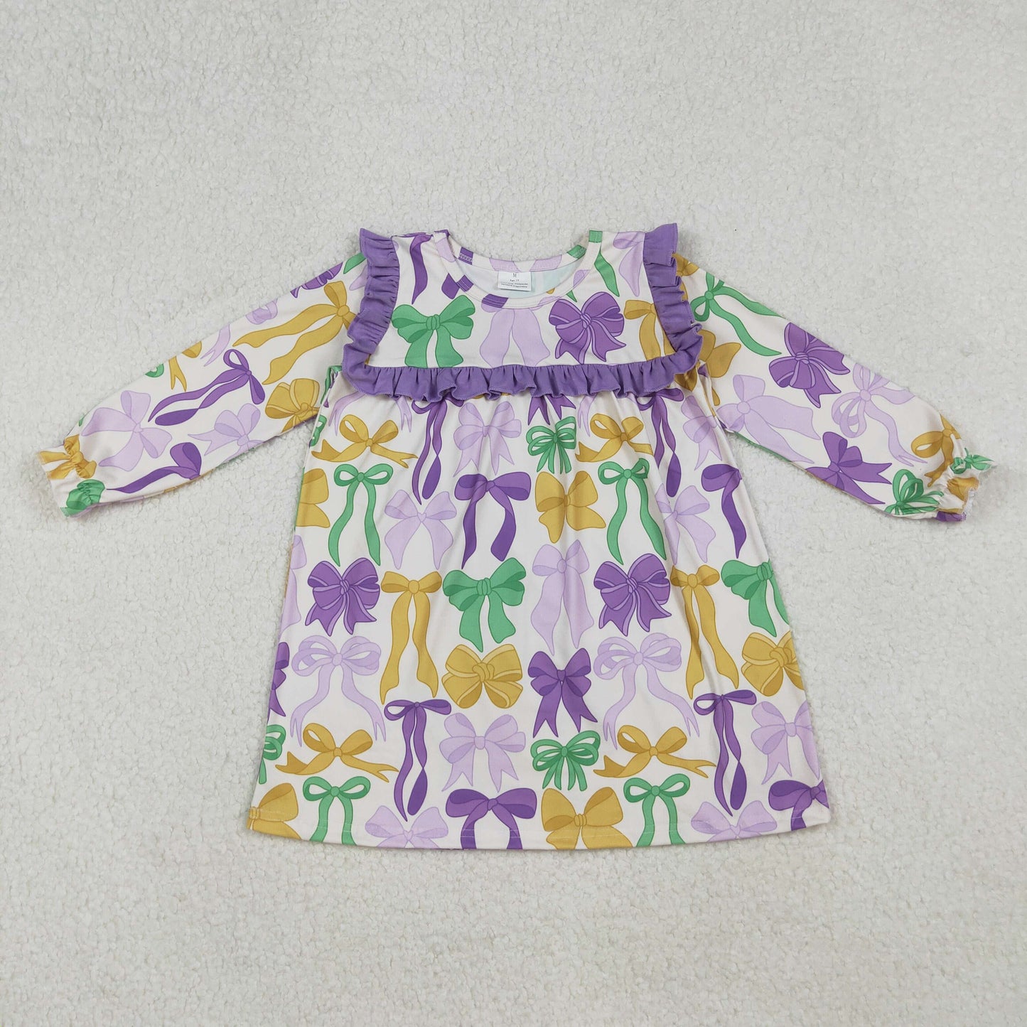 RTS NO MOQ(In Stock) 12/18m-7/8t GLD1295 Carnival bow pattern purple lace long-sleeved dress