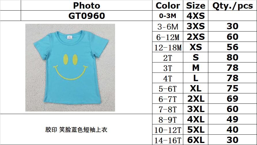 RTS NO MOQ GT0960 Offset smiley face blue short-sleeved top