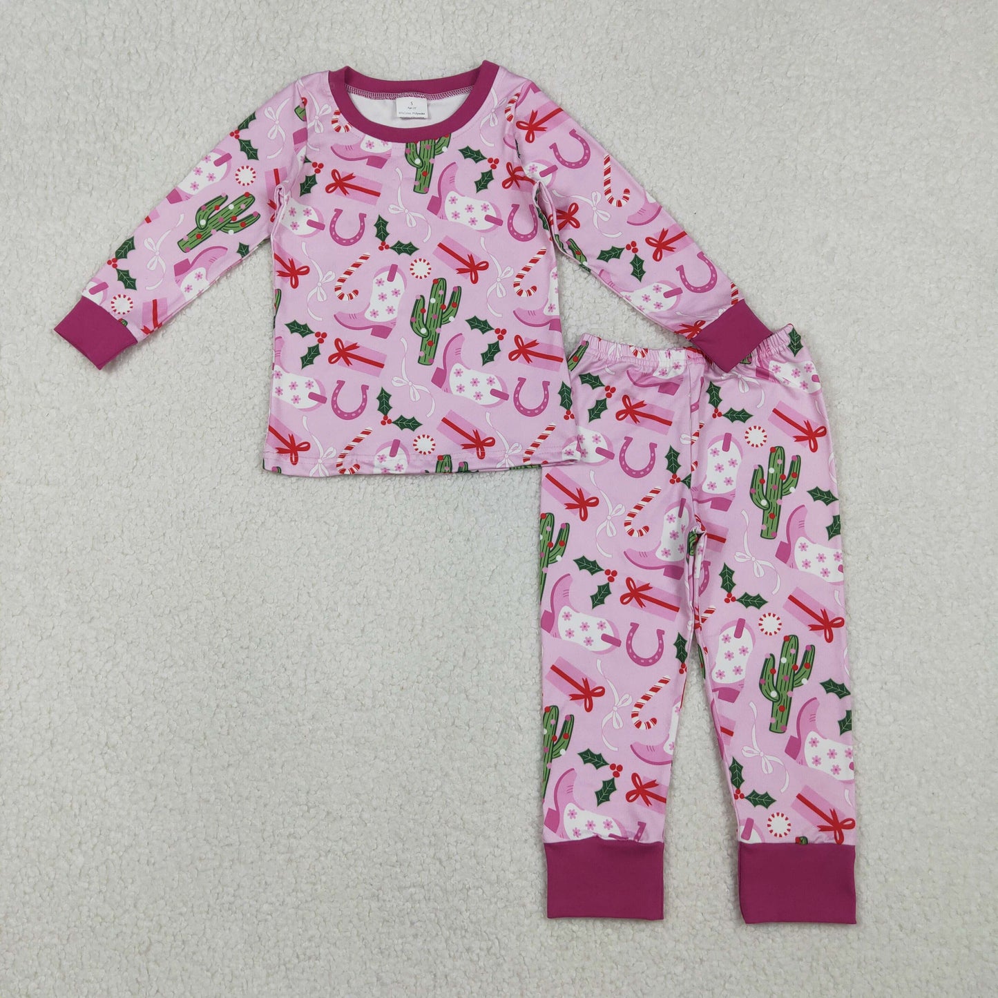 RTS NO MOQ(In Stock) GLP1783 Christmas Boots Cactus Gift Pinkish Purple Long-Sleeved Pants Pajama Set