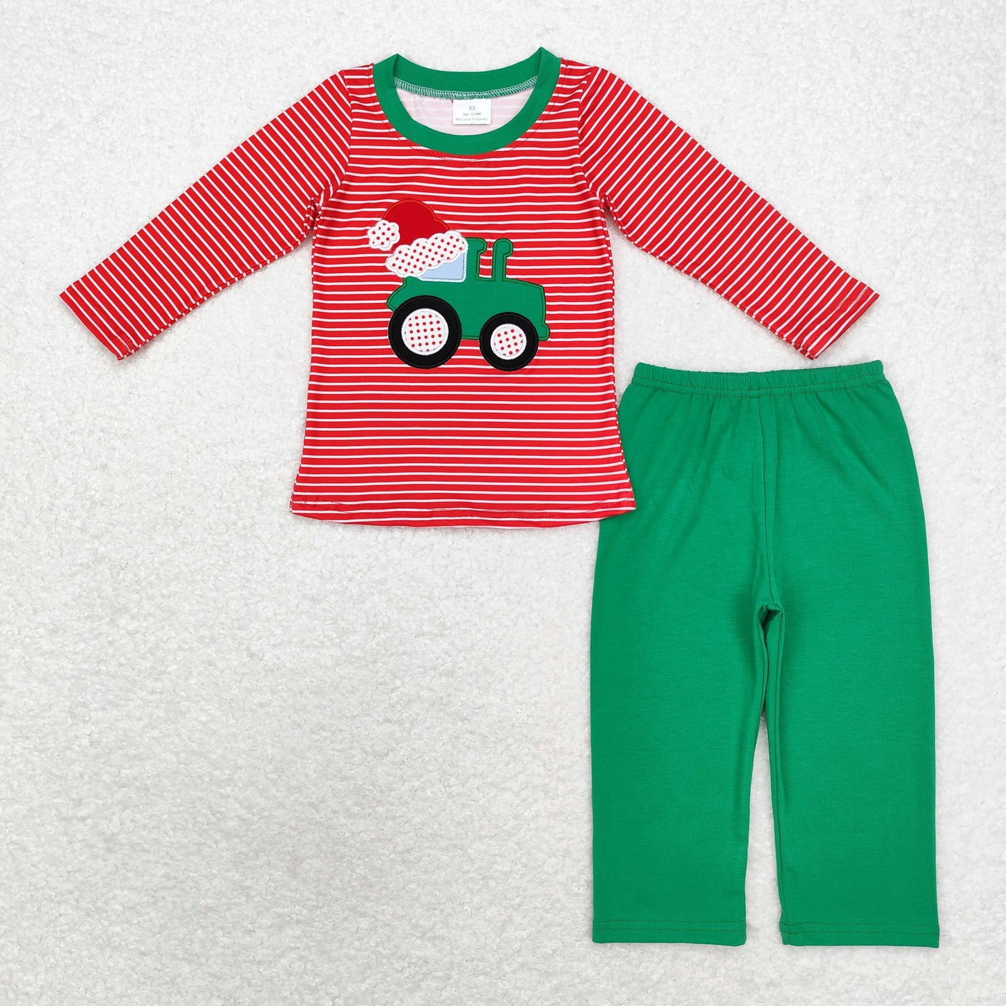 RTS NO MOQ(In Stock ) BLP0679 Embroidered Santa hat tractor stripe red long sleeve green trousers set