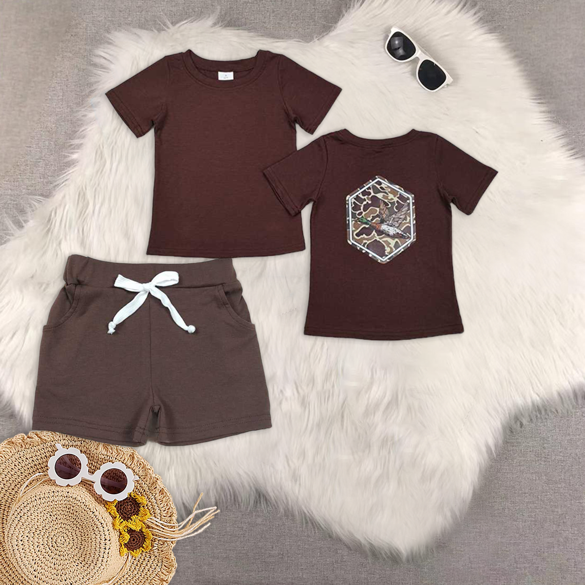 RTS NO MOQ BT1090+SS0134 baby boy clothes brown short-sleeved top Brown pocket shorts