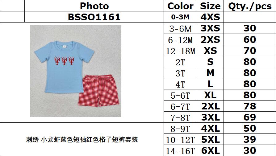 RTS NO MOQ ETA 5/7days Arrived BSSO1161 embroidery crayfish blue short-sleeved red plaid shorts suit