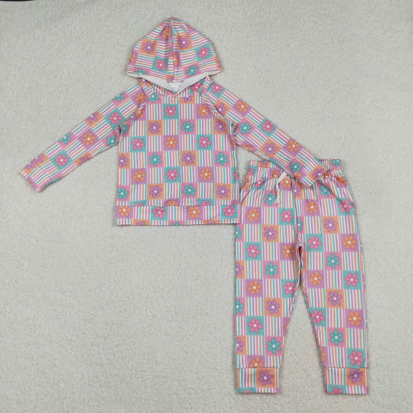 RTS NO MOQ(In Stock) GLP2853 Floral and colorful striped plaid hooded long-sleeved pants set