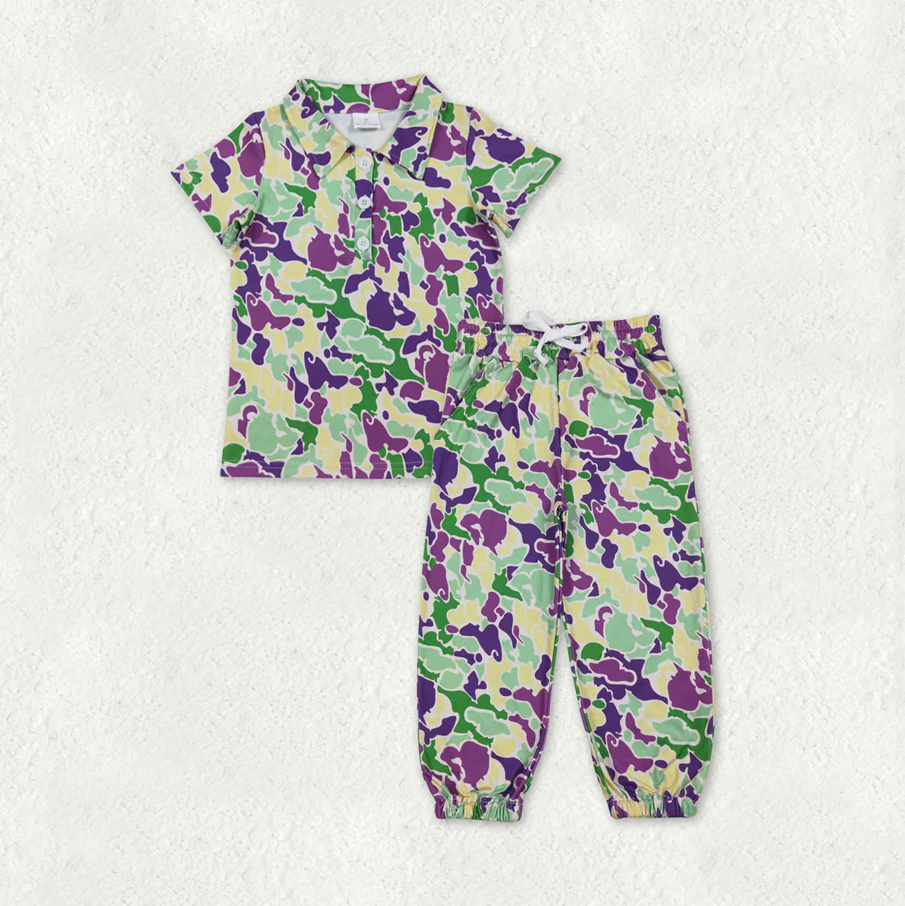 RTS NO MOQ(In Stock) Baby Boys Mardigras Camo Button Polo Shirts Pockets Jogger Pants Clothes Sets