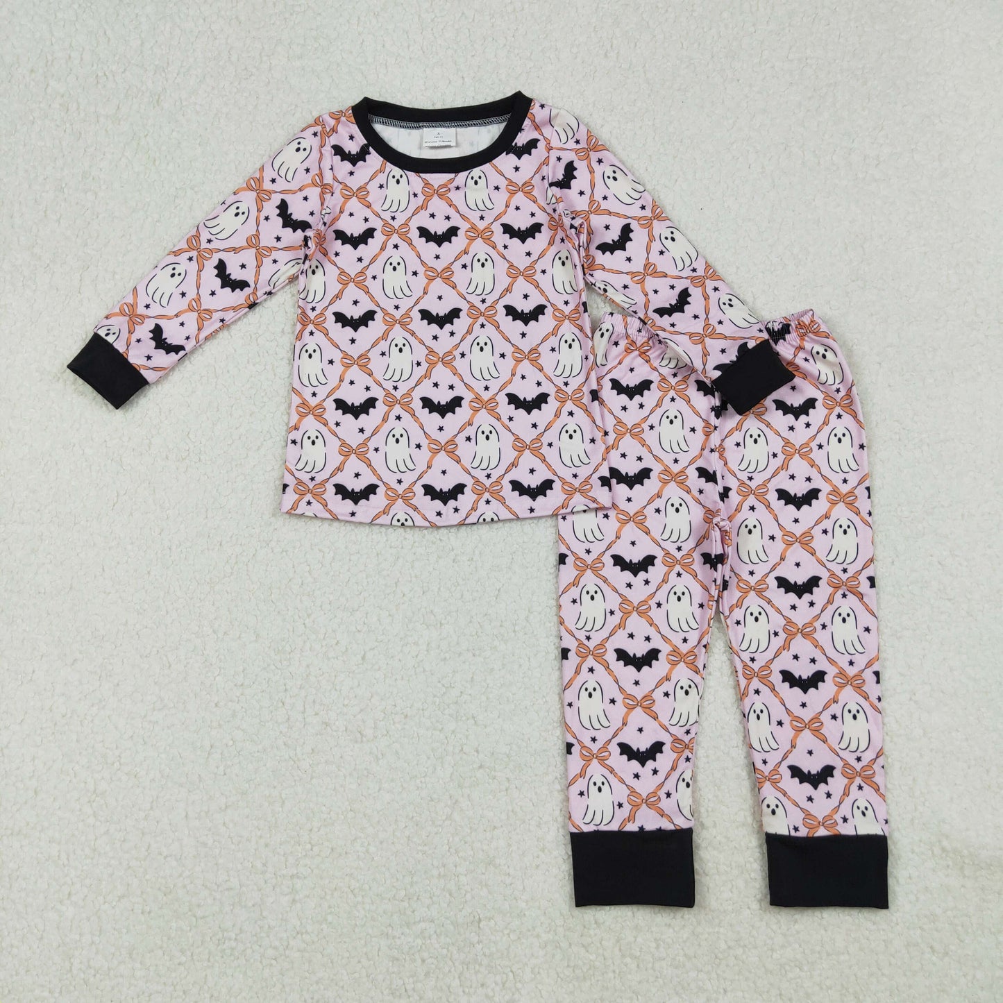 RTS NO MOQ(In Stock) GLP2639 Pink long-sleeved pantsuit with a Halloween ghost bat, star, and orange bow pattern