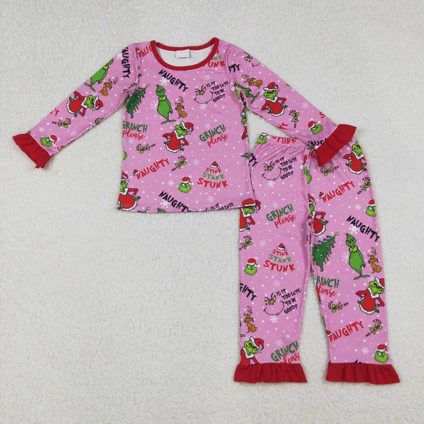 RTS NO MOQ(In Stock) GLP2710 Cartoon Christmas Tree Red Lace Rose Long Sleeve Pants