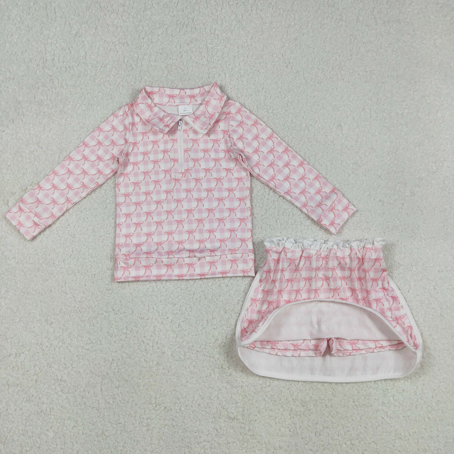 RTS NO MOQ(In Stock ) Pink plaid long-sleeved lace-trimmed culottes set with bow pattern and white zipper.