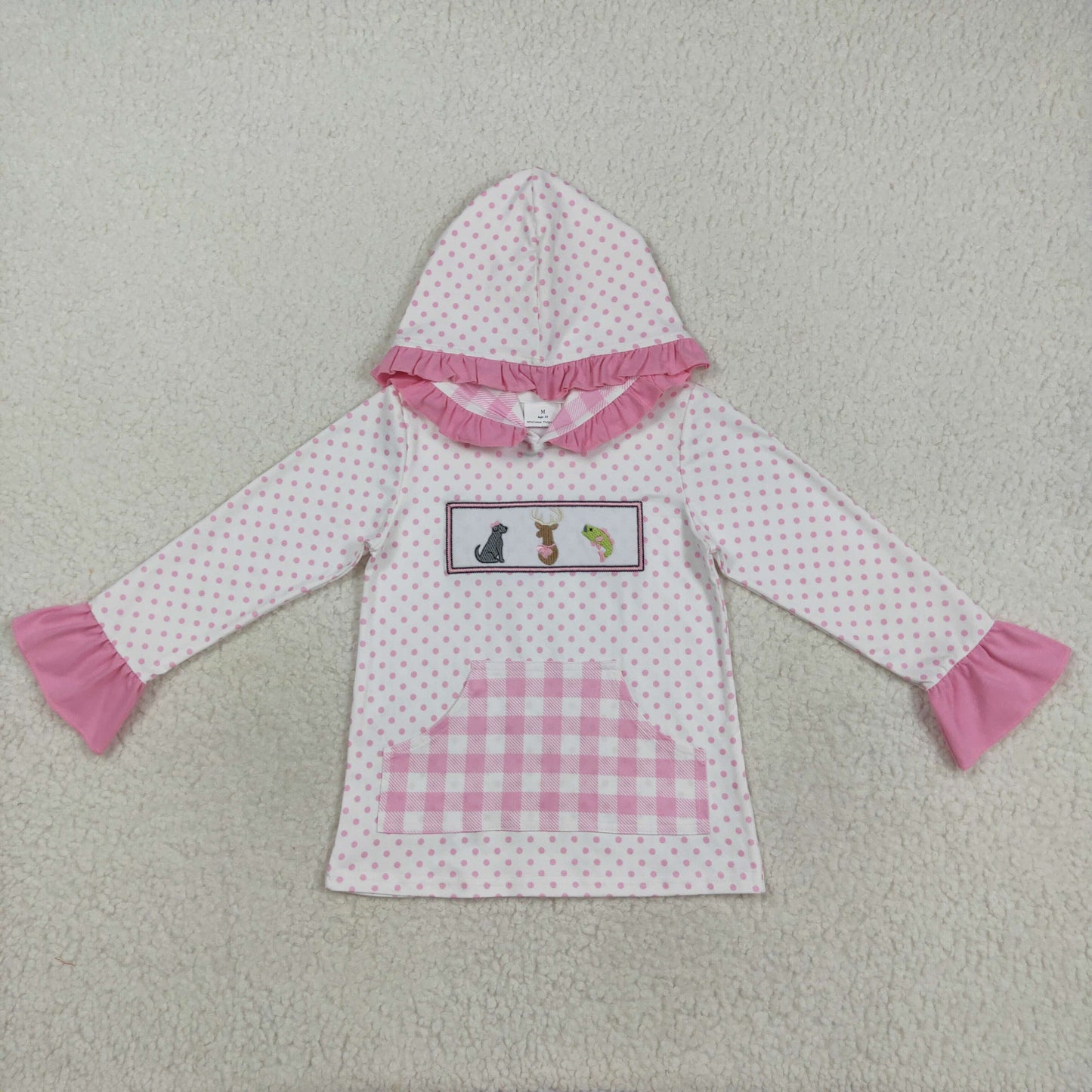 RTS NO MOQ(In Stock) GT1106 Pink plaid embroidered puppy, elk, and duck with polka dot lace and pocket hooded long-sleeved top