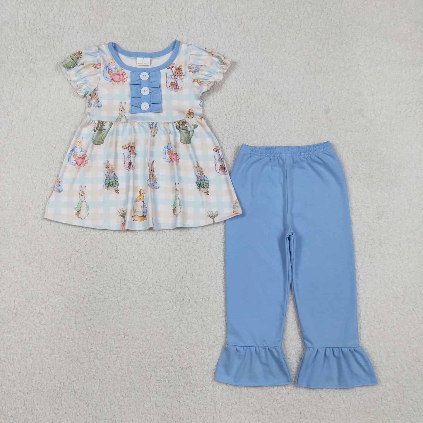 RTS NO MOQ(In Stock) Easter Bunny Plaid Blue Lace Button Short-Sleeved Long Pants Set