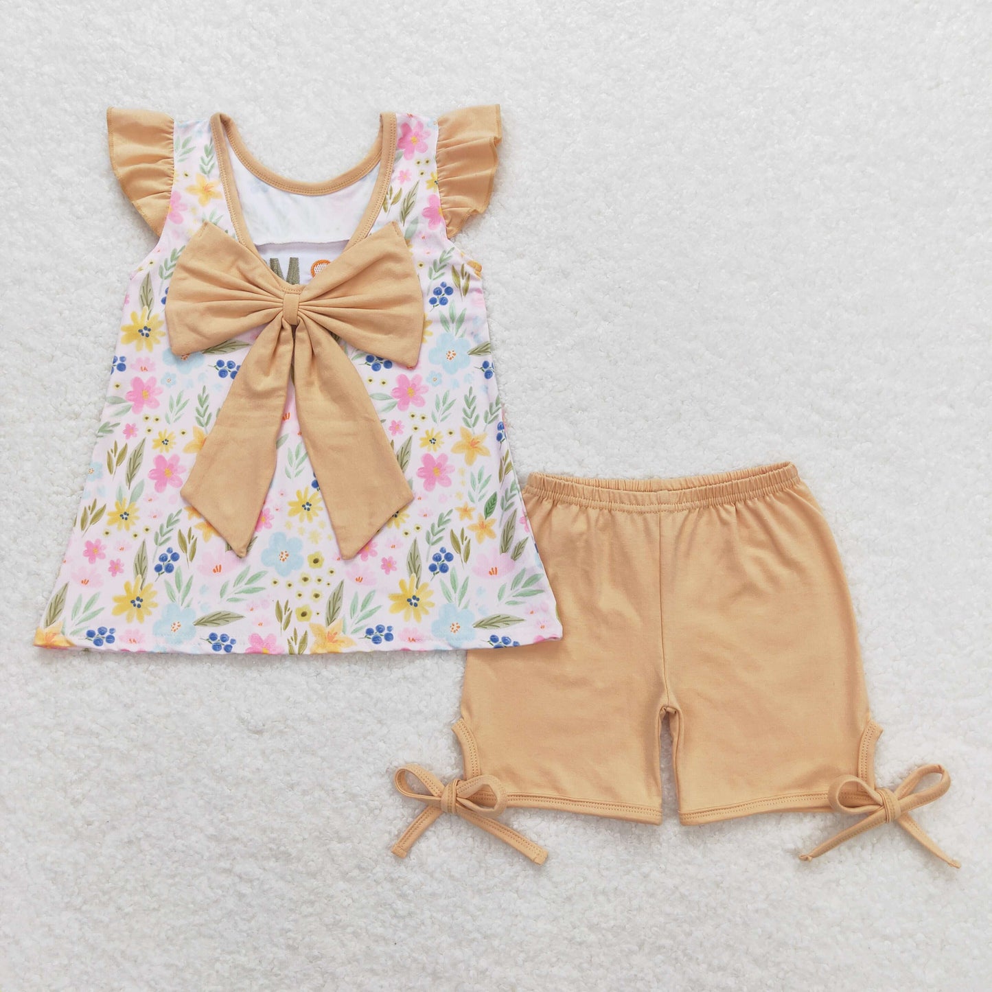 RTS NO MOQ(In Stock) I love mom embroidered floral floral bow flying sleeves Shorts Set