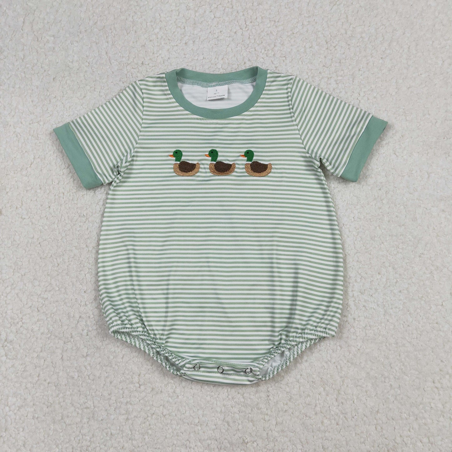 RTS NO MOQ(In Stock) Embroidered Duck Pocket Green Striped Short-Sleeve Jumpsuit