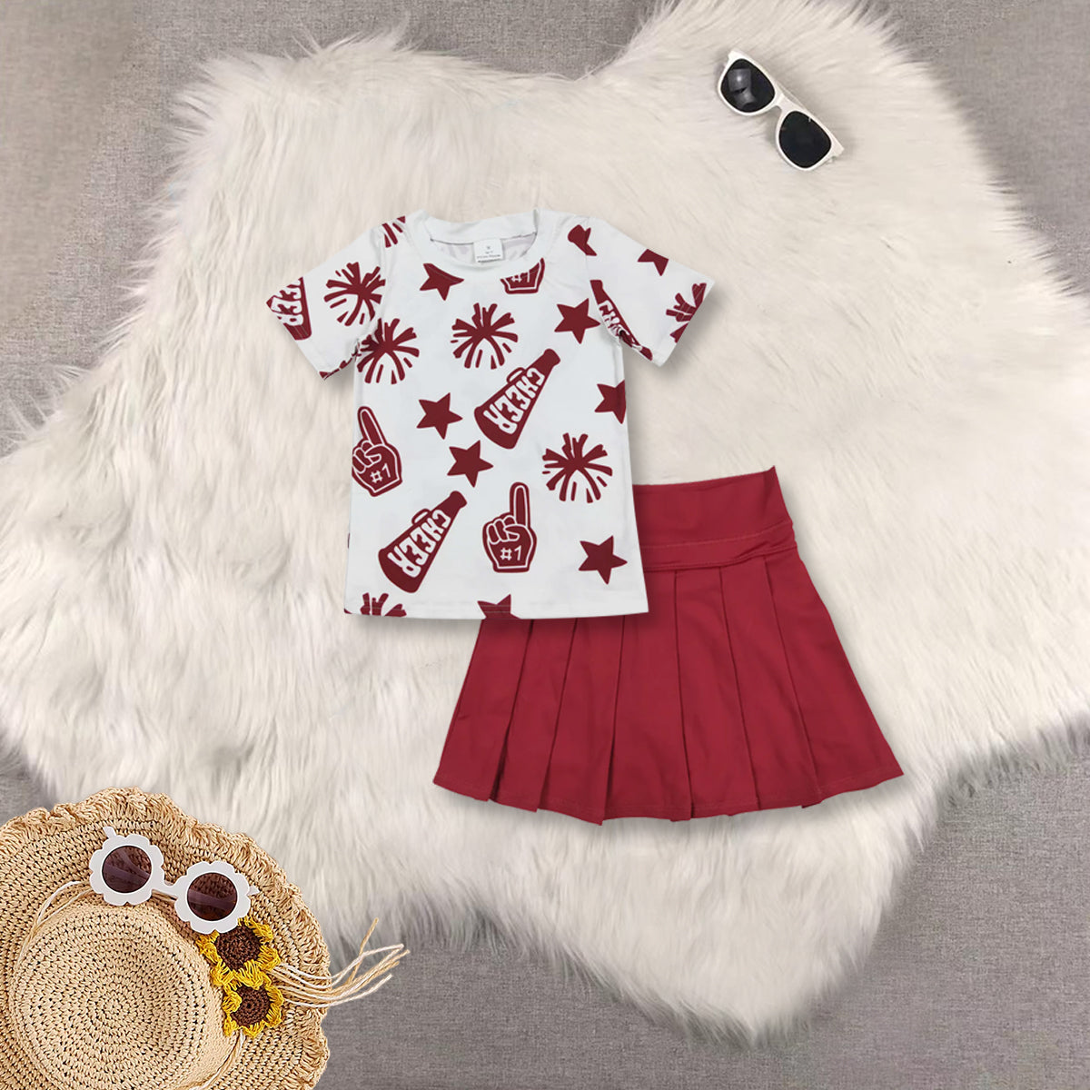 RTS NO MOQ GT1093+GLK0124 Cheer dark red fireworks stars white short-sleeved top Solid dark red yoga skirt sets