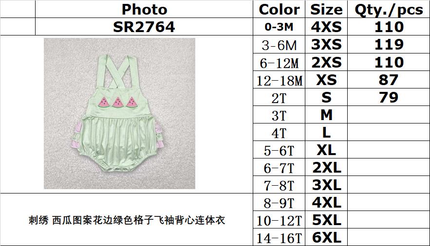 RTS NO MOQ SR2764 Embroidered watermelon pattern lace green plaid flying sleeve vest jumpsuit