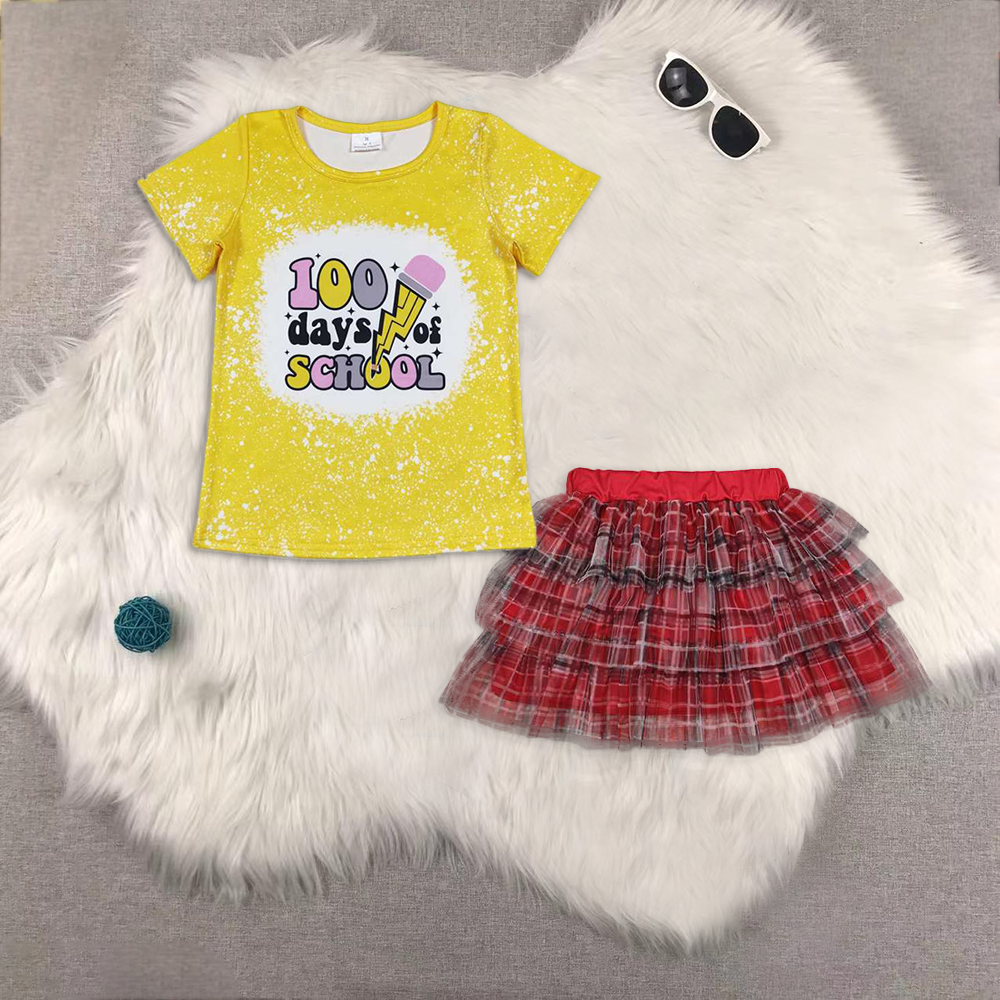 RTS NO MOQ ETA 5/7days Arrived GT0387+GLK0033 100days pencil yellow short-sleeved top red and black striped skirt 2 pcs set