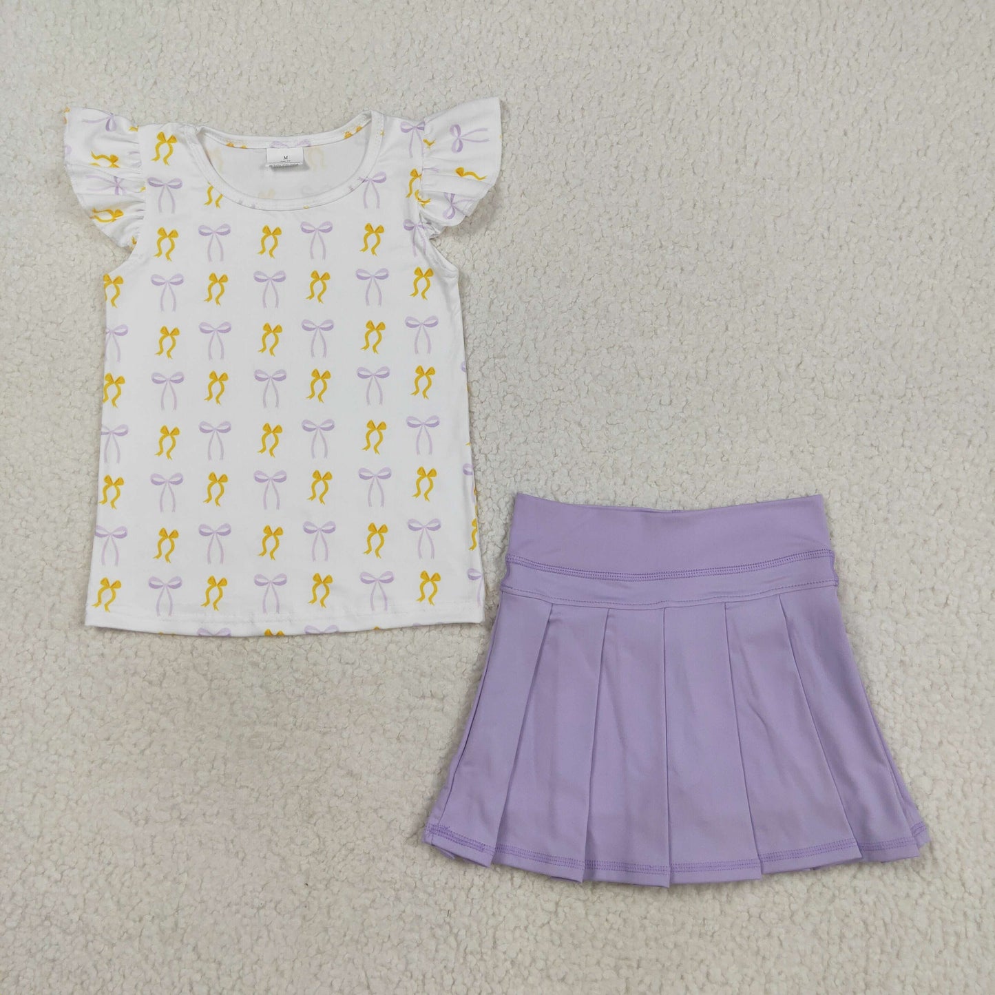 RTS NO MOQ(In Stock) GT1147+GLK0085 Yellow and purple bow pattern white flying sleeve top Solid color light purple yoga skirt set
