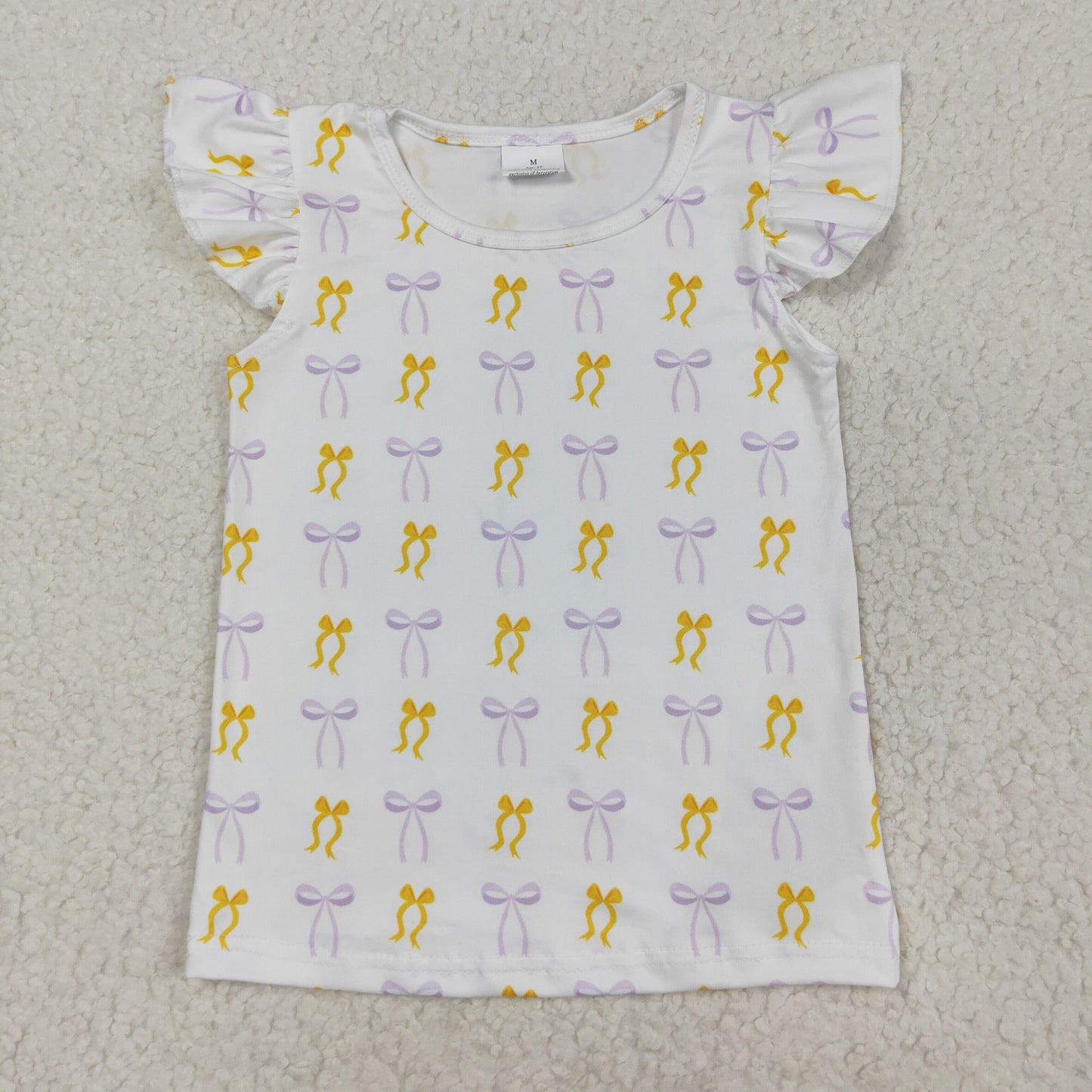 RTS NO MOQ(In Stock) GT1147 Yellow and purple bow pattern white flying sleeve top