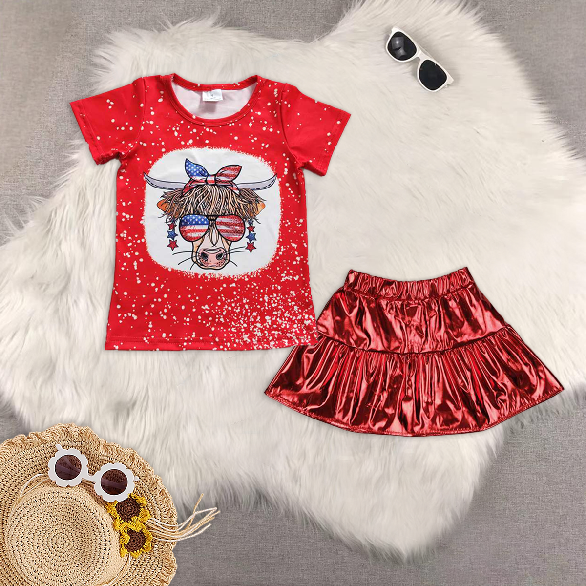 RTS NO MOQ GT0114+GLK0041 cow head red short-sleeved top Shiny leather red pants skirt sets