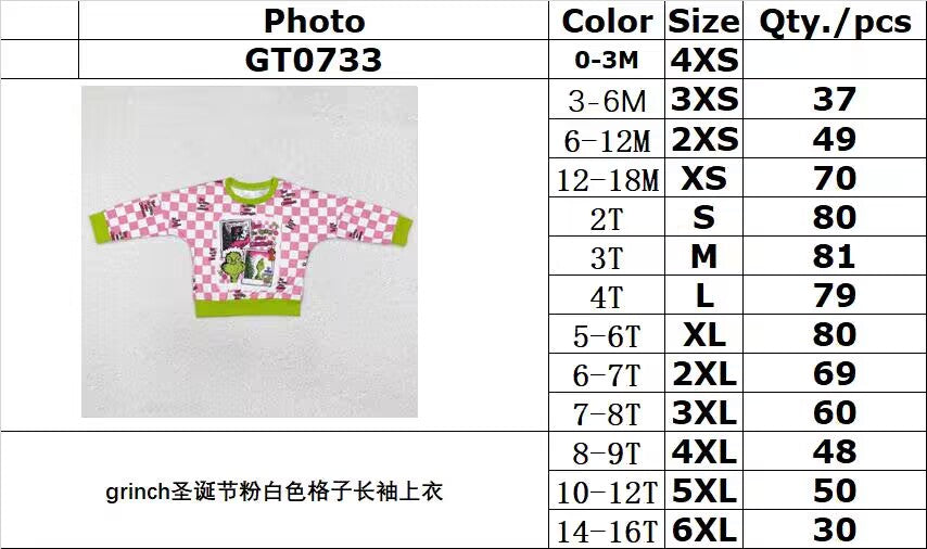 RTS NO MOQ ETA 5/7days GT0733 grinch Christmas pink and white plaid long sleeve top