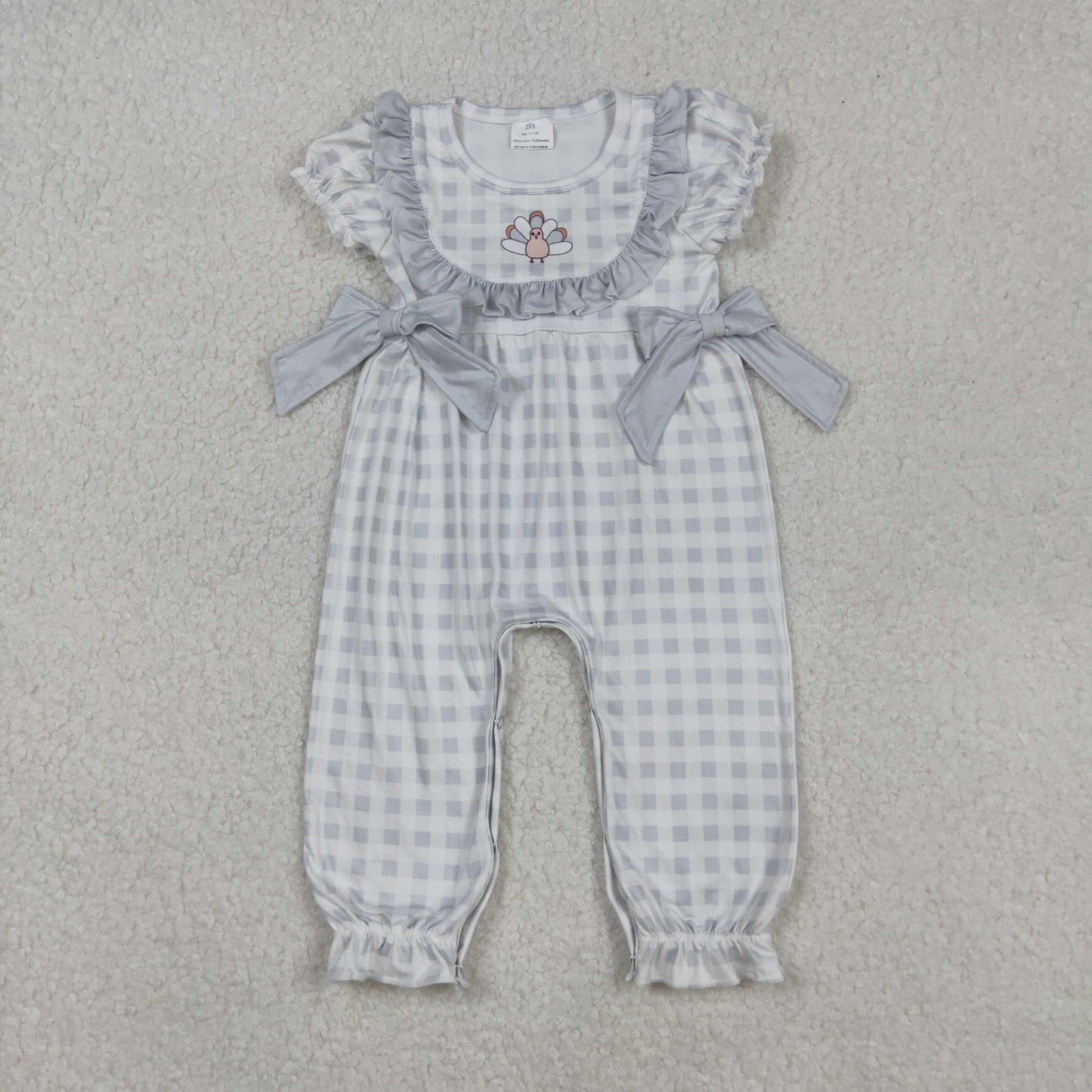 RTS NO MOQ(In Stock) SR1970 Turkey lace bow turquoise plaid short-sleeved bodysuit