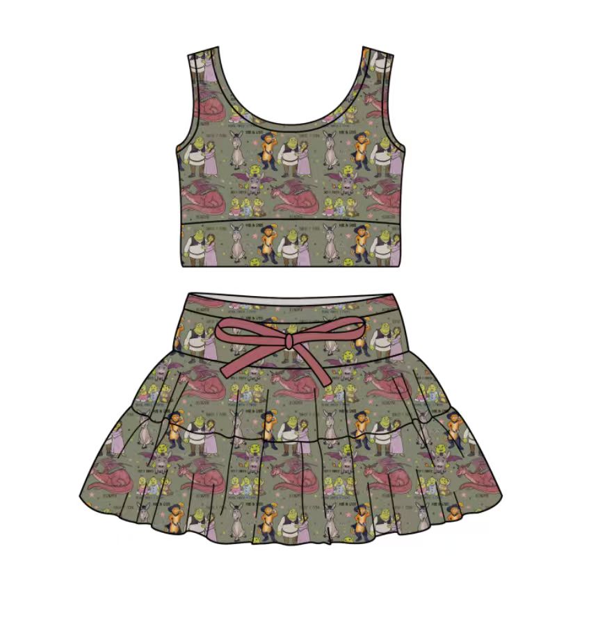 Custom moq 5 mix size milk silk baby girl clothes summer cartoon sleeveless skirts sets