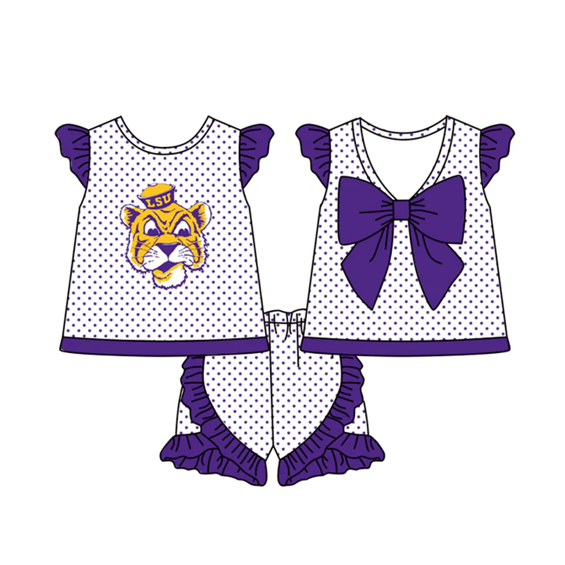 Deadline: May 20 Custom no moq baby girls Summer girls sets Tigers Purple Plaid Girls Outfit
