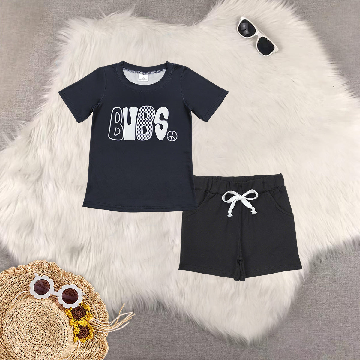 RTS NO MOQ BT0617+SS0137 baby boys clothes BUBS black short sleeve shorts set