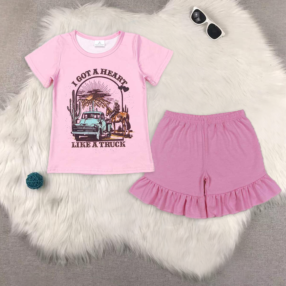 RTS no moq GT0406+SS0271 baby girl clothes pink short sleeve top one layer lace shorts sets