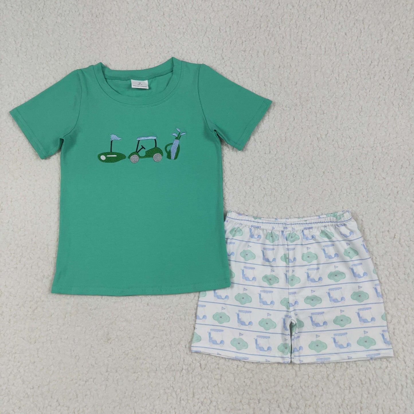 RTS NO MOQ(In Stock) BSSO1540 Embroidered golf cart green short-sleeved striped shorts set