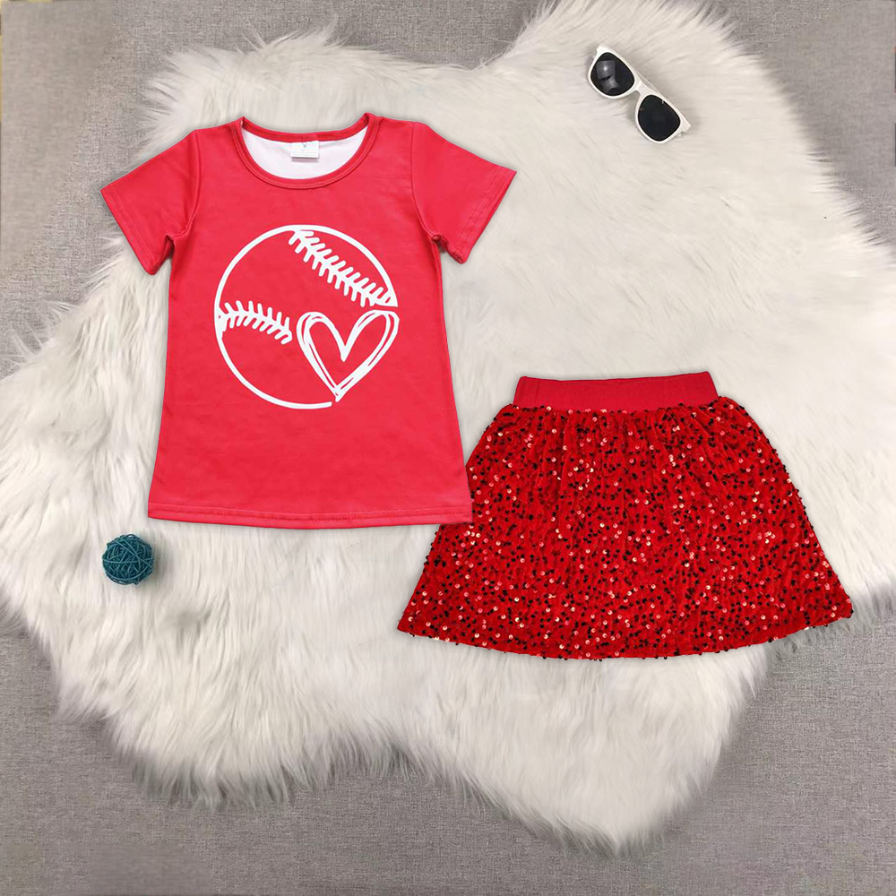 RTS NO MOQ ETA 5/7days Arrived GT0430+GLK0027 Red baseball heart short-sleeved top sequin skirt sets