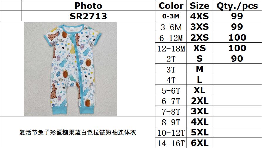 RTS NO MOQ ETA 5/7days arrived SR2713 Easter bunny egg candy blue and white zipper short sleeve jumpsuit