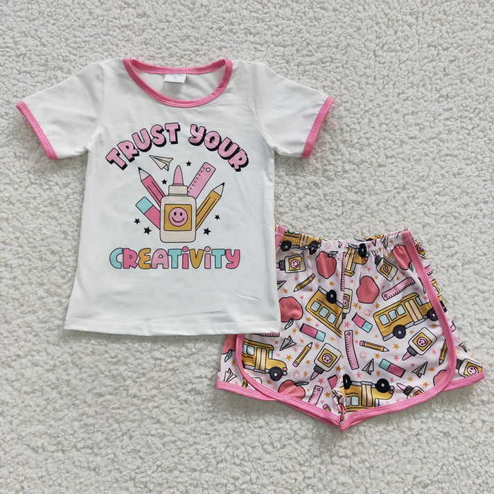 RTS NO MOQ baby girl clothes back to school short-sleeved shorts suit & short-sleeved sets