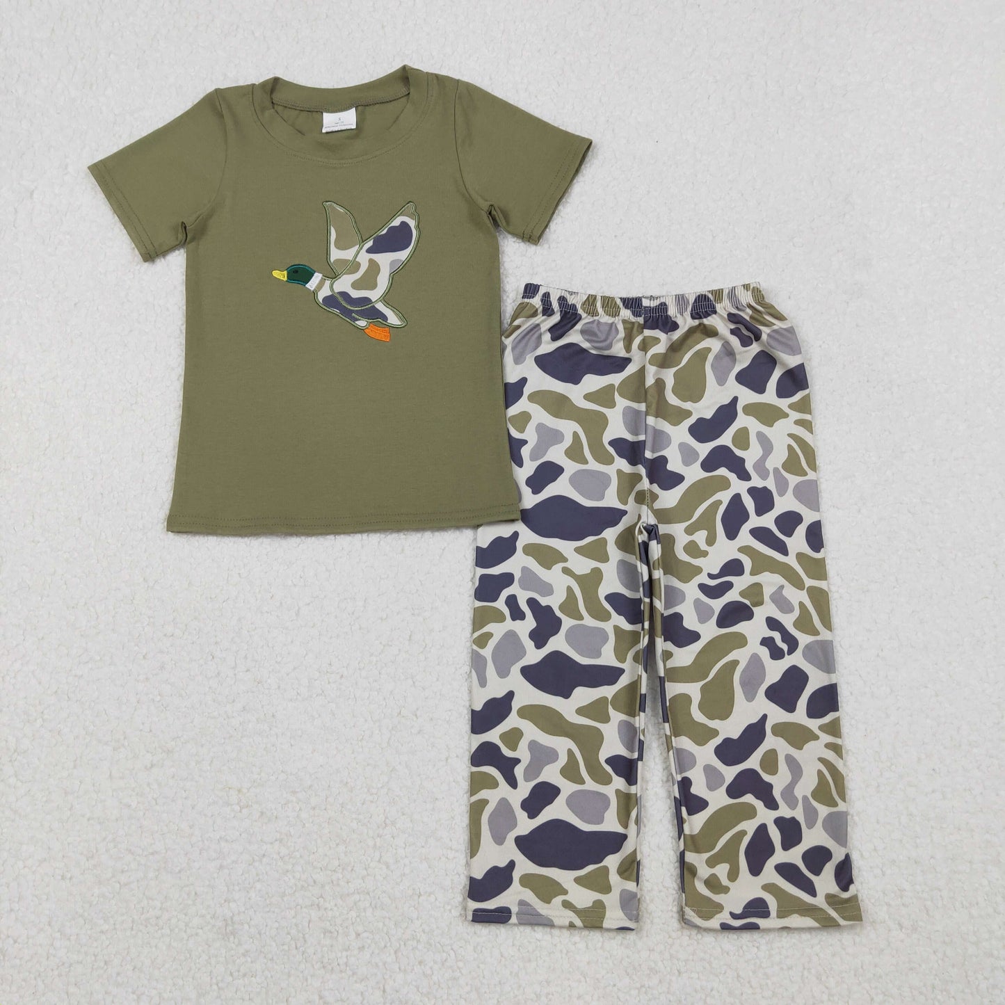 RTS NO MOQ(In Stock) BSPO0583 Embroidered duck green short-sleeved gray-green camouflage pantsuit