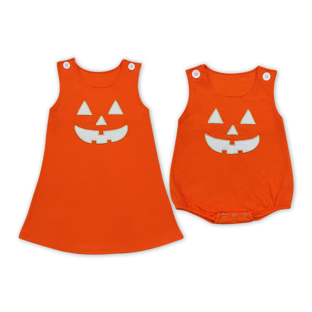 RTS NO MOQ Halloween face smiley embroidery orange embroidered skirt romper