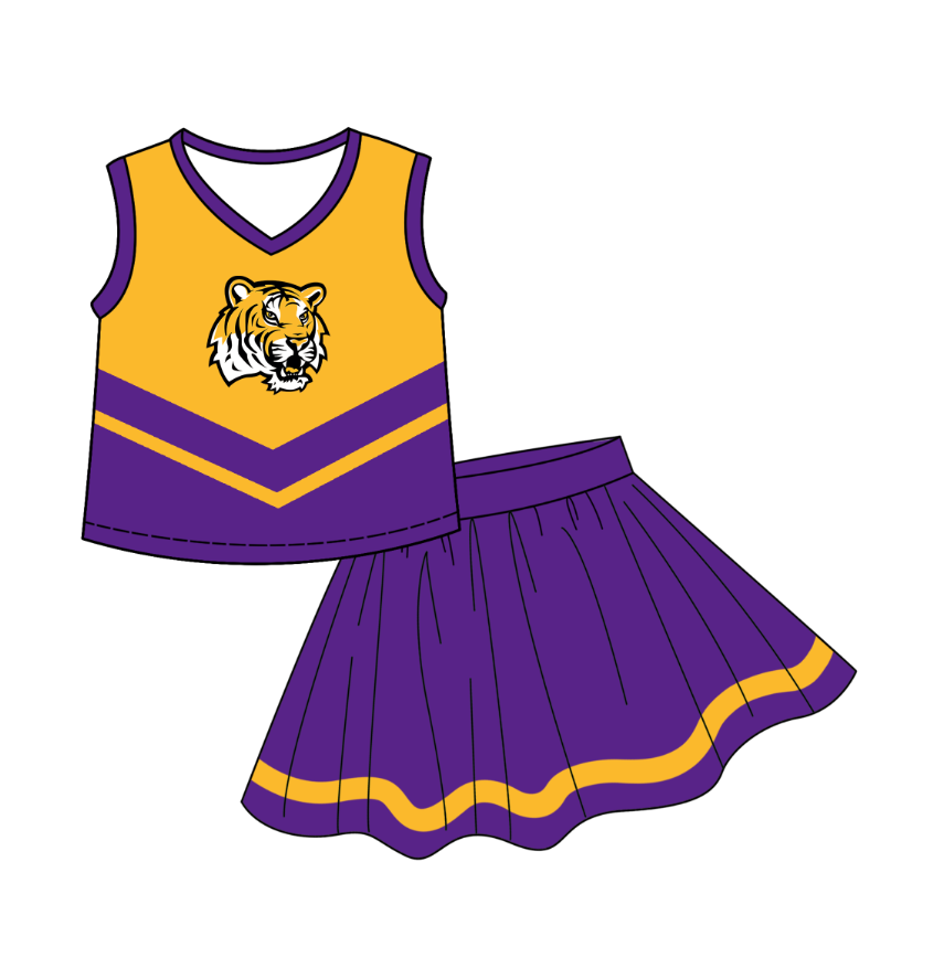 custom moq 3 eta 6-7weeks team summer baby girls clothes purple and yellow sleeveless skirts sets