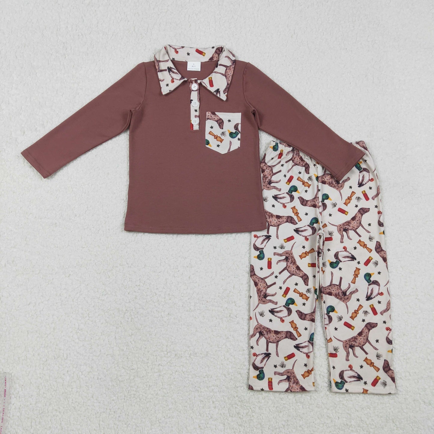 RTS NO MOQ(In Stock) Duck and Puppy Pocket Brown Button Long-Sleeve Pants Set