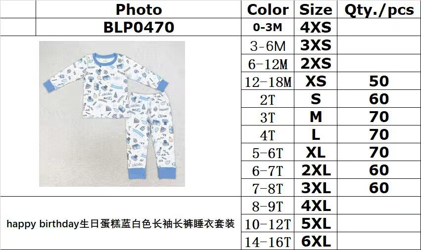 rts no moq BLP0470 Happy birthday birthday cake blue and white long-sleeved trousers pajamas set