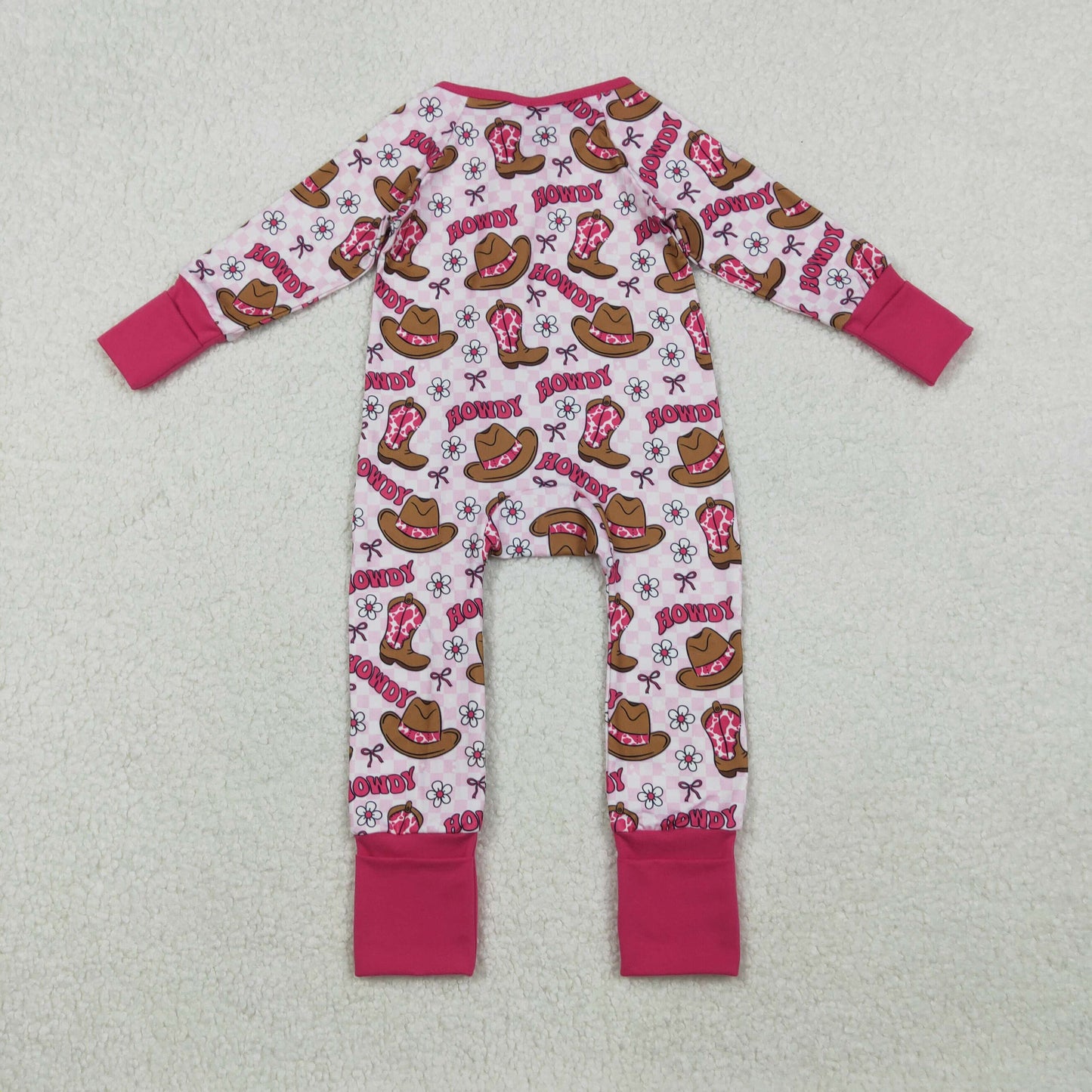 RTS NO MOQ(In Stock) LR2516 Howdy Cowboy Hat Boots Floral Pink Plaid Zipper Long-Sleeved Jumpsuit