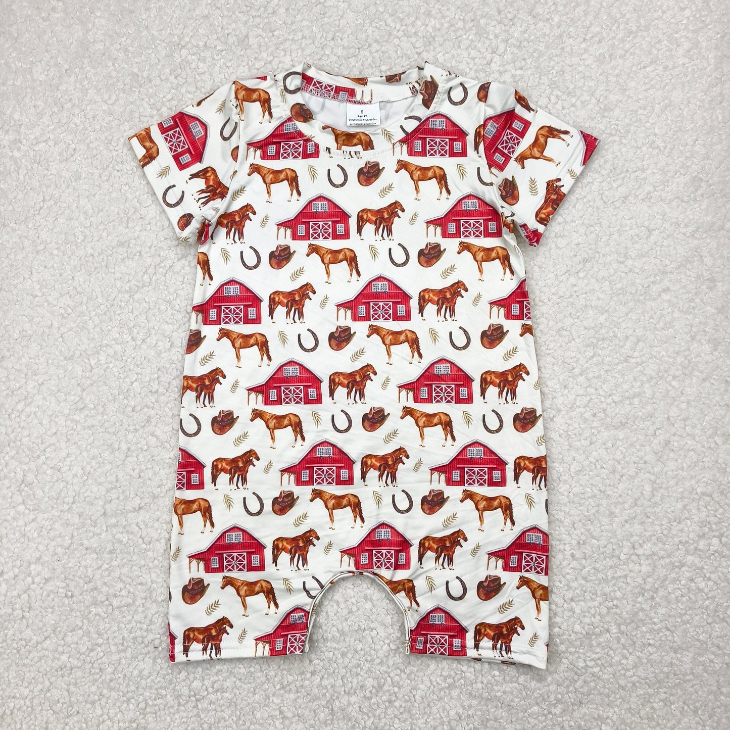 RTS SALES NO MOQ4.19红色房子马马蹄铁棕色帽子白色连体衣Red house horse horseshoe brown hat white onesie
