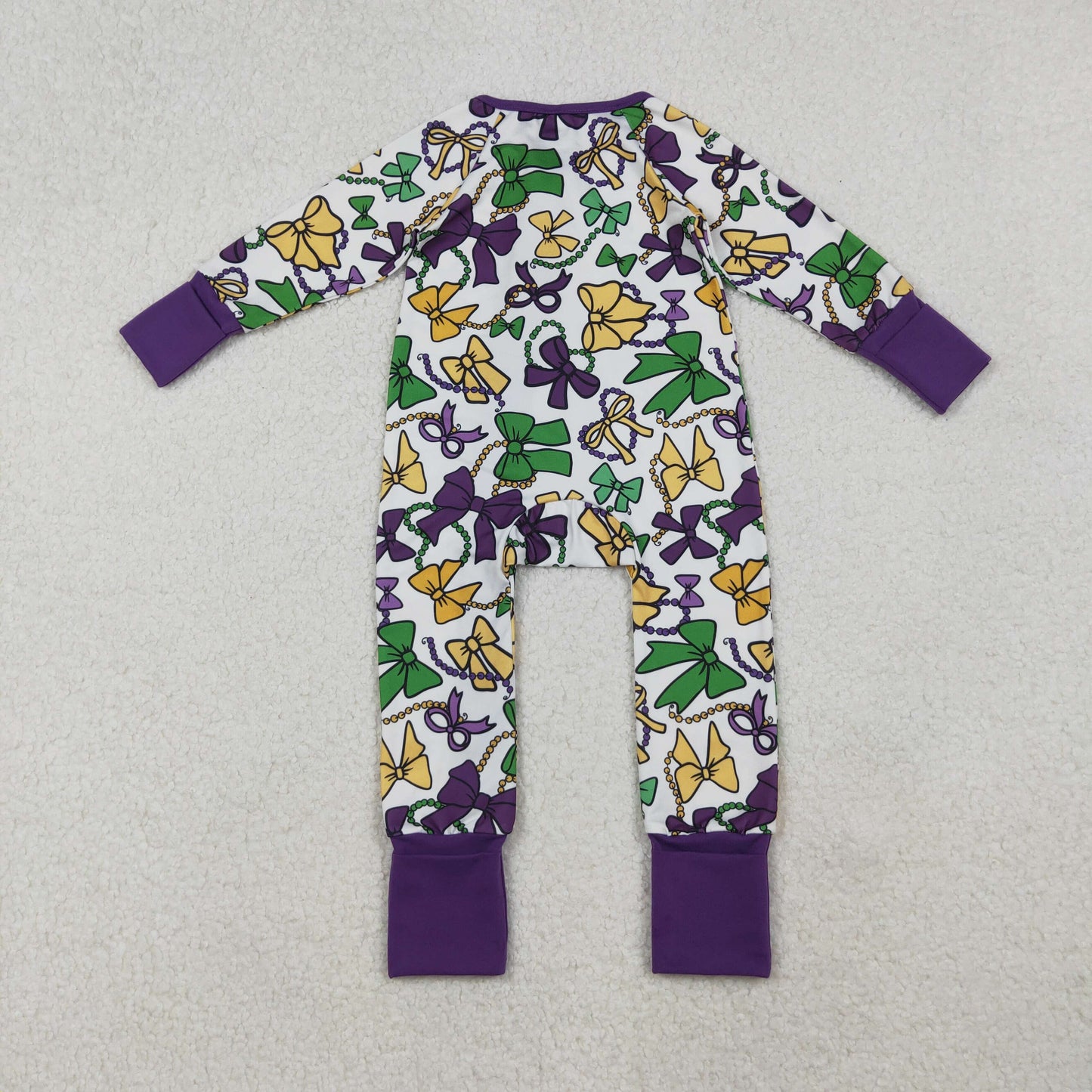 RTS NO MOQ(In Stock) LR2678 Purple and White Zippered Long-Sleeved Bodysuit with Carnival Bow Necklace