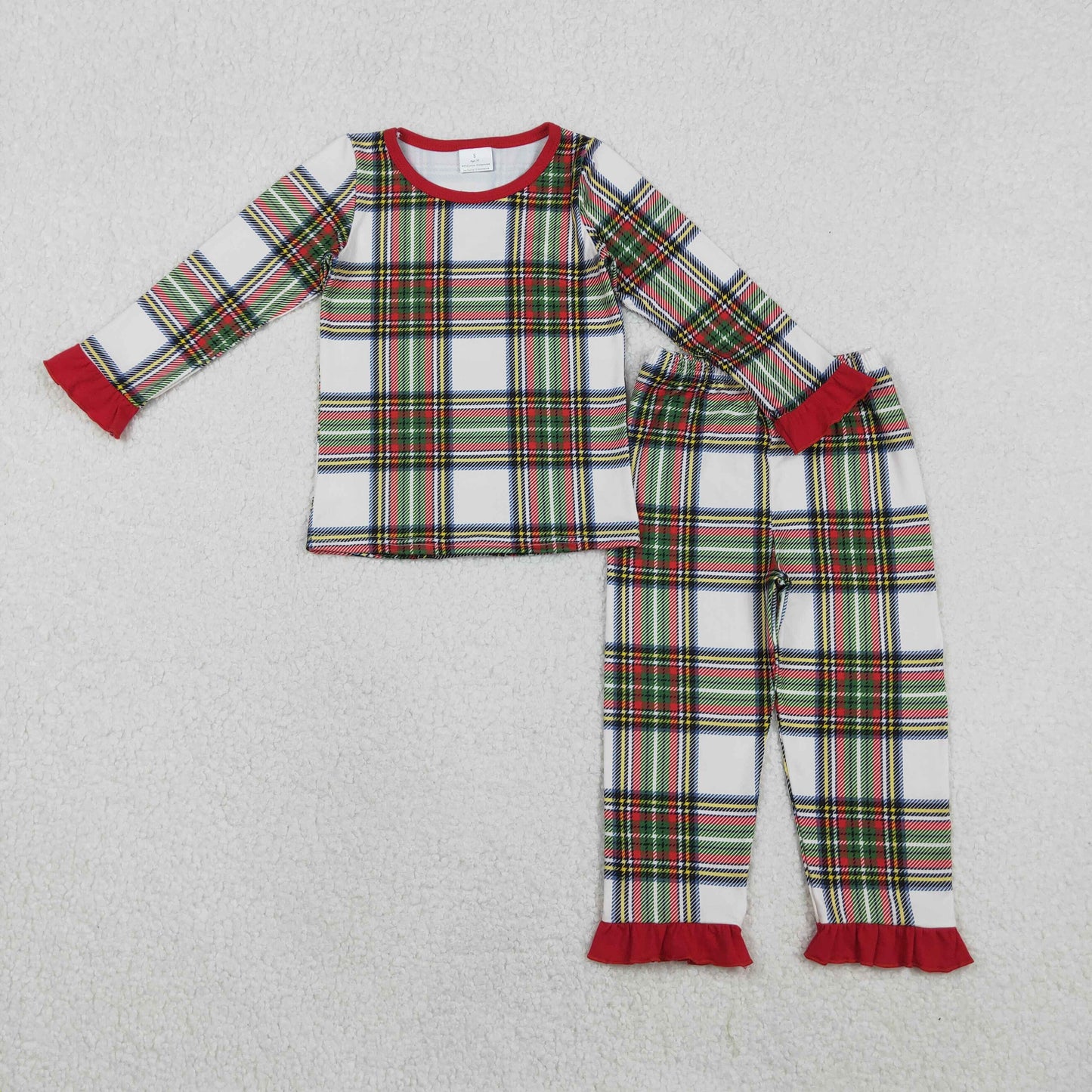 RTS NO MOQ(In Stock) GLP2829 Christmas Lace Red and Green Plaid Long-Sleeved Pants Pajama Set