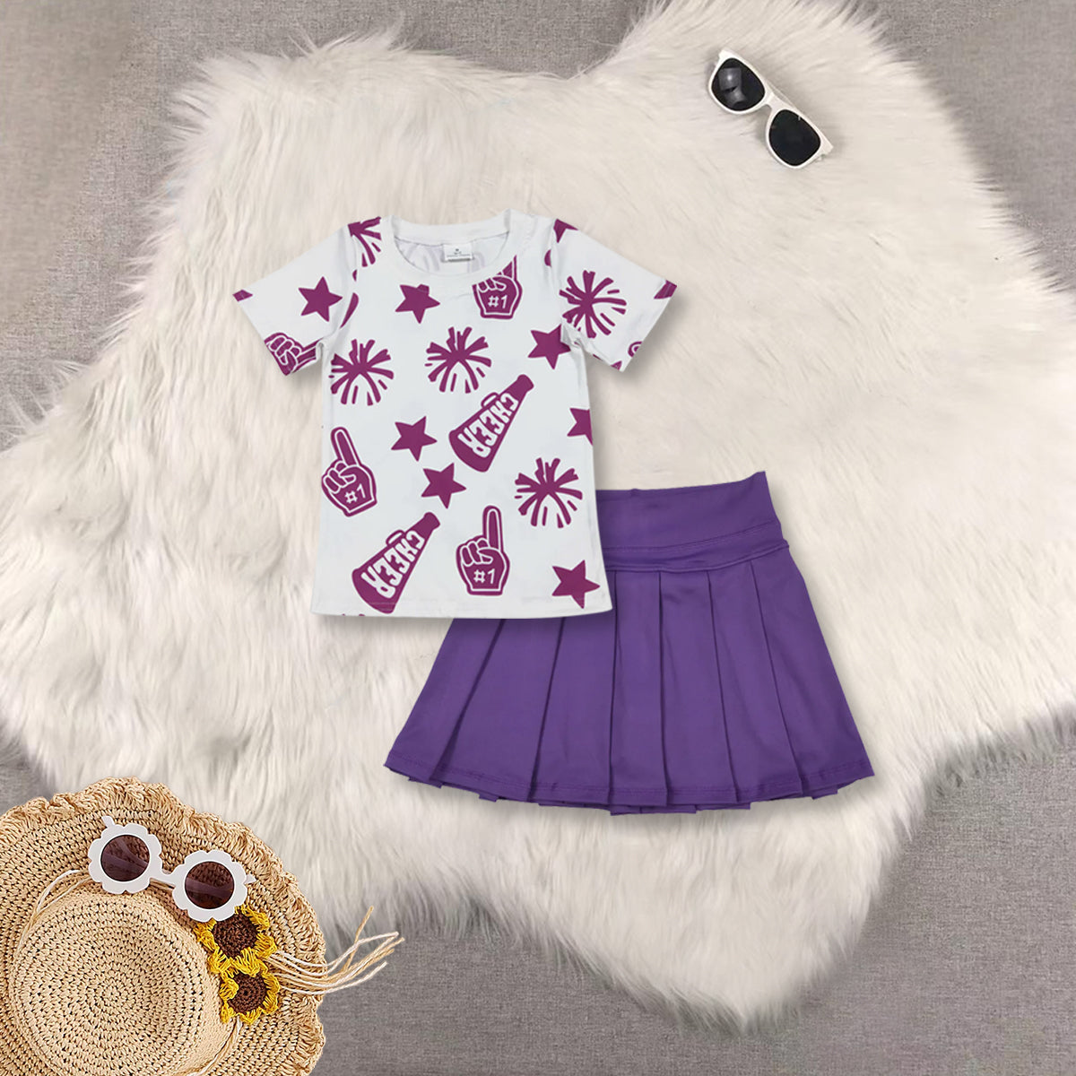 RTS NO MOQ GT0993+GLK0086 Cheer purple fireworks star white short-sleeved top skirt sets