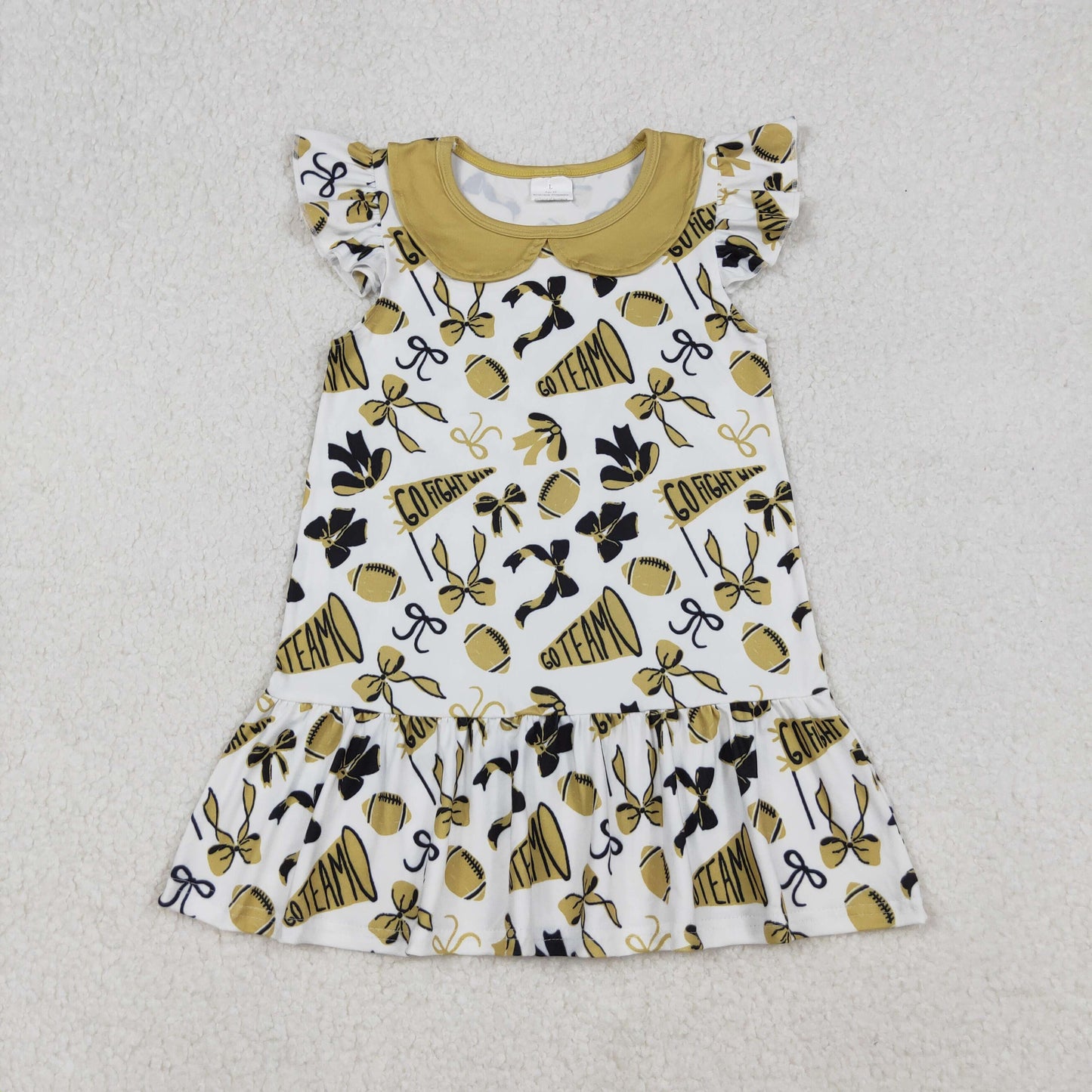 RTS NO MOQ(In Stock) GSD2788 Football trumpet and bow pattern gold baby collar and flying sleeve dress