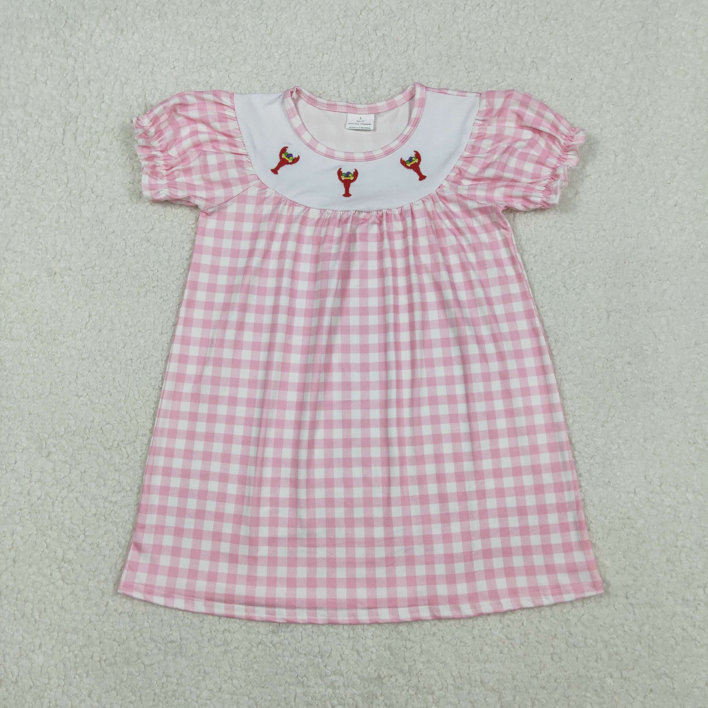RTS NO MOQ(In Stock ) GSD2853 Embroidered Carnival Lobster Pink and White Checkered Short-Sleeve Dress
