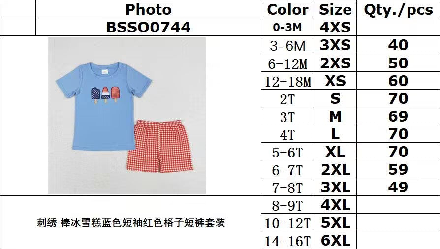rts no moq BSSO0744 Embroidery popsicle blue short-sleeved red plaid shorts suit