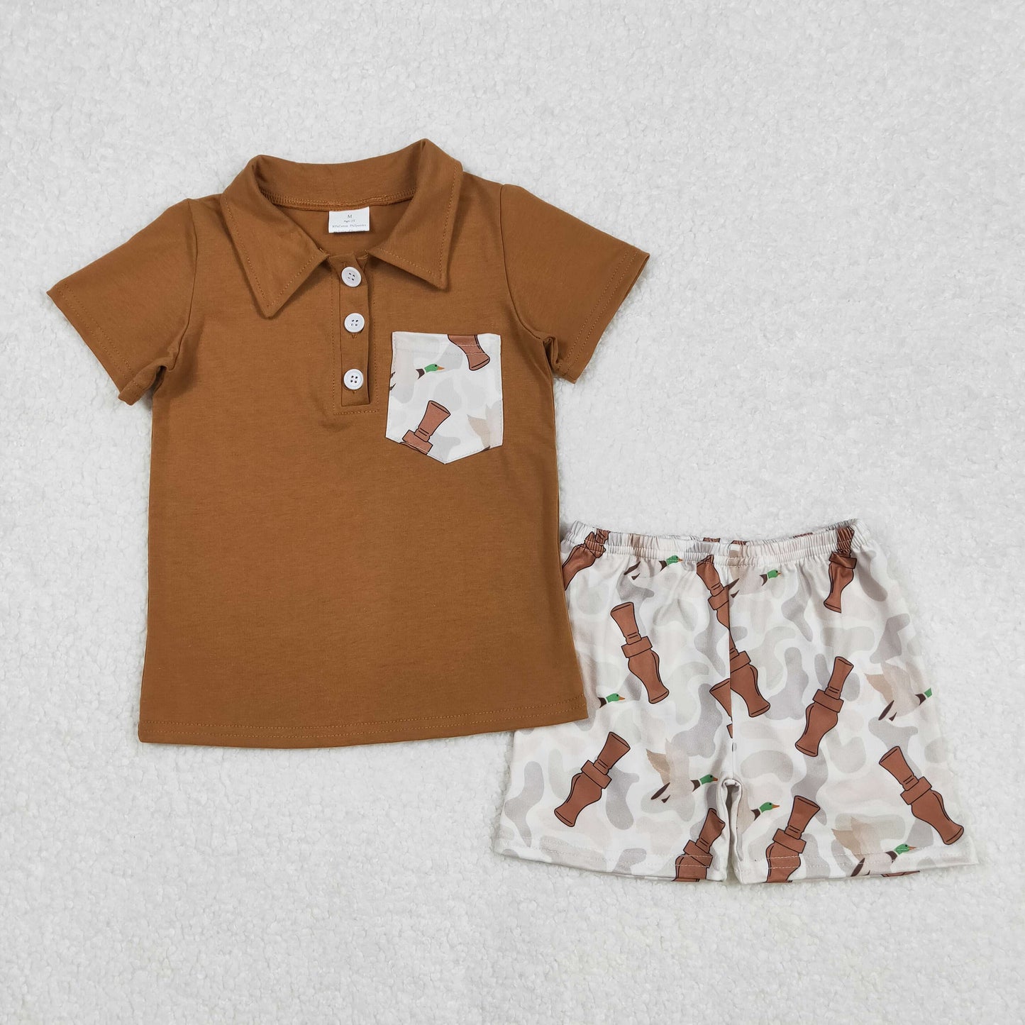 RTS NO MOQ(In Stock) BSSO1206 Duck bottle camouflage pocket brown short-sleeved shorts set
