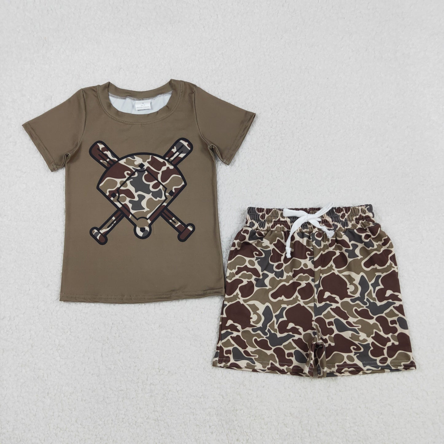 RTS NO MOQ(In Stock) BT1425+SS0735 Camouflage Brown-Green Fan-Shaped Baseball Short-Sleeve Shirt Shorts set-BSSO1593